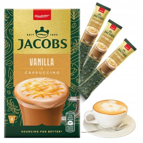 Przejdź do produktu KAWA JACOBS Cappuccino Vanilla kremowa kawa o waniliowym aromacie 96 g (8x12 g)