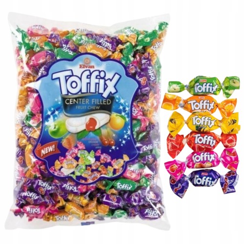 Przejdź do produktu Cukierki Elvan Toffix z Nadzieniem Sokiem Owocowym Nadziewane Mix Smaku 1kg