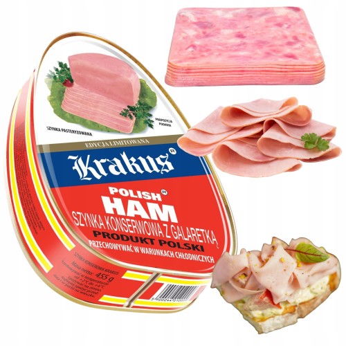 Przejdź do produktu Krakus Szynka 1LB Sterylizowana Trwała Soczysta Gotowa Do Spożycia 455g