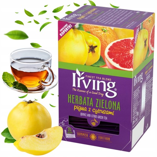 Przejdź do produktu Herbata Zielona Ekspresowa Irving Pigwa z Cytrusami Aromatyczna Torebki 30g