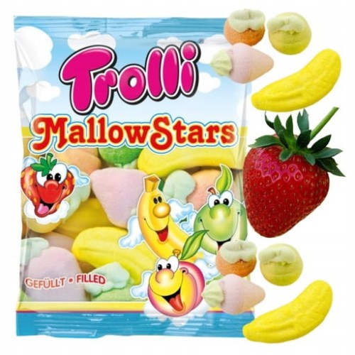 Przejdź do produktu Trolli Mallow Stars Pianki Żelki Dla dzieci Kształt Owoców Nadziewane 150 g
