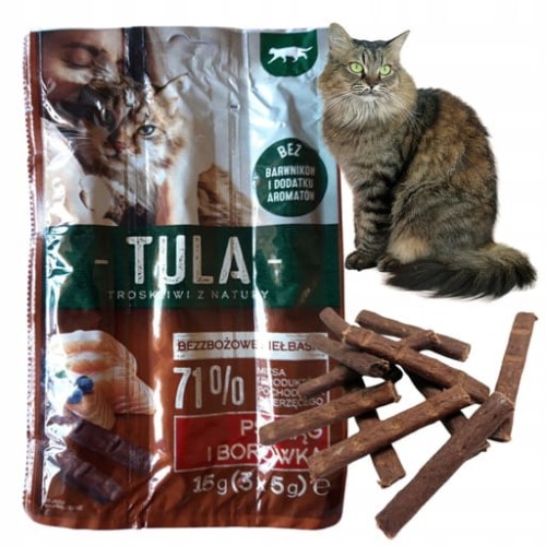 Przejdź do produktu Tula Bezzbożowe Kiełbaski Pstrąg I Borówka Przysmak dla Kota 15g (3×5g)