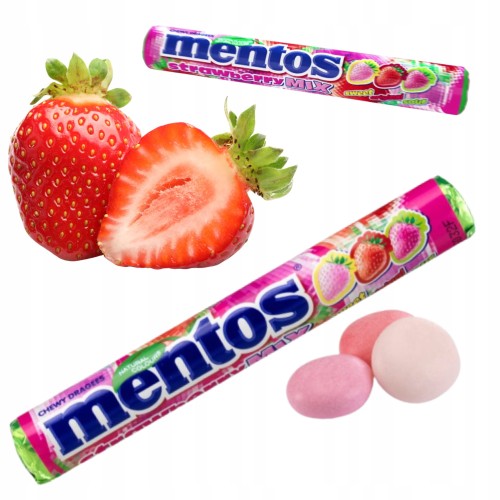 Przejdź do produktu Mentos Strawberry Draże Pyszne Soczyste Truskawkowe Rolki Cukierki 4x37,5 g