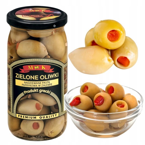 Przejdź do produktu MK OLIWKI GRECKIE ZIELONE NADZIEWANE Pastą PAPRYKOWĄ 350G