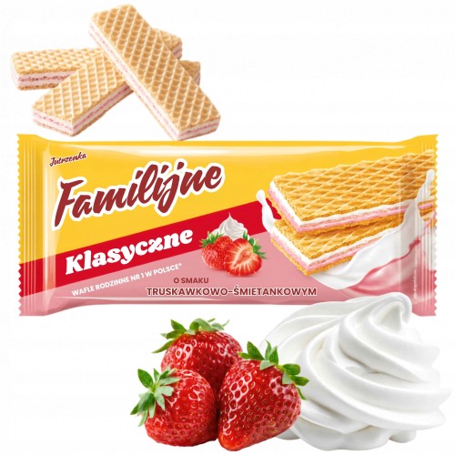 Przejdź do produktu Klasyczne Wafelki Familijne o Smaku Truskawkowo-Śmietankowym 180G Jutrzenka