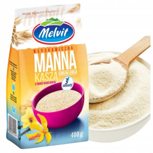Przejdź do produktu Melvit Kasza Manna Błyskawiczna Waniliowa 400 g do Ciast Budyniów Deserów
